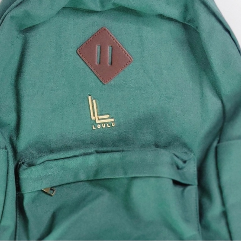 Loulu Green Canvas Vegan Leather Backpack Travel School Laptop Bag - Picture 7 of 8